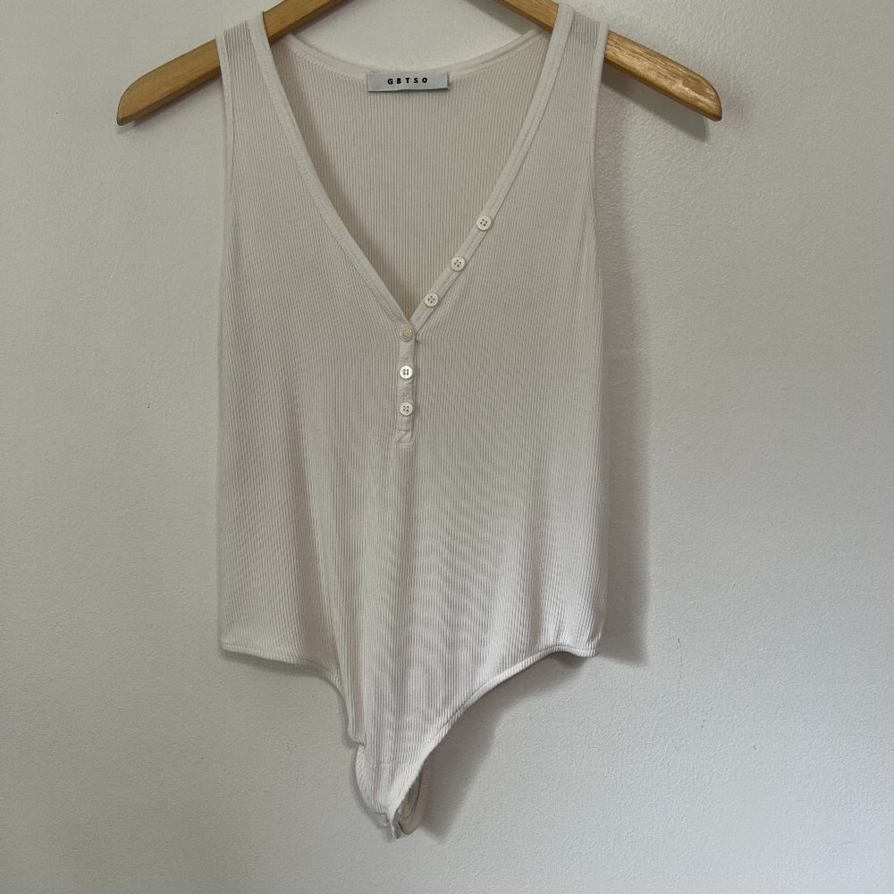 GBTSO Ribbed Henley Button Front Bodysuit White Size L